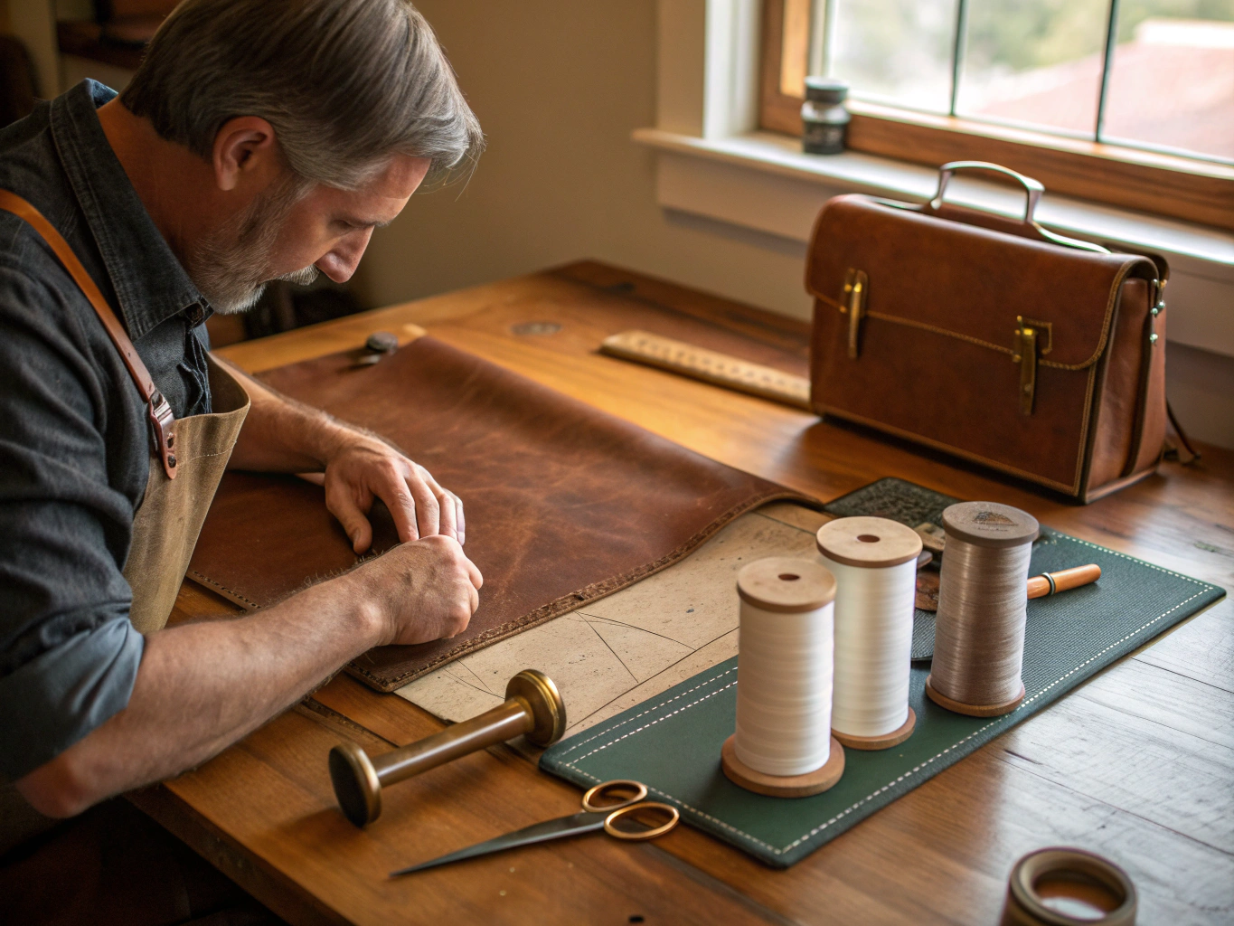 Leather craftsman hand-stitching bespoke bag at workbench with brass fittings