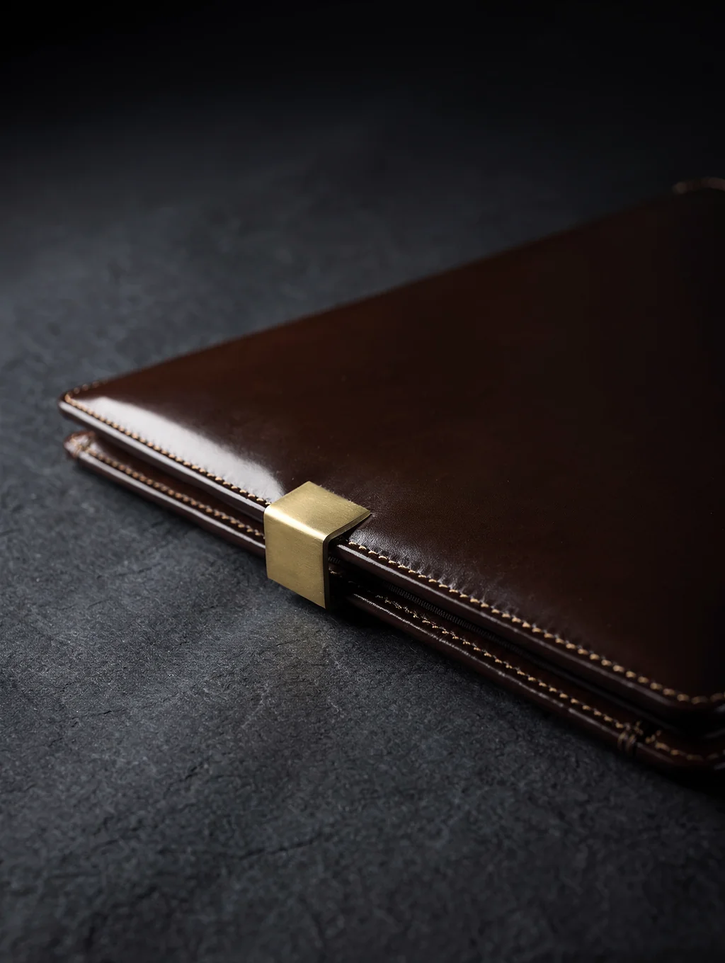 Bespoke custom leather travel folio with hand-painted burnished edges