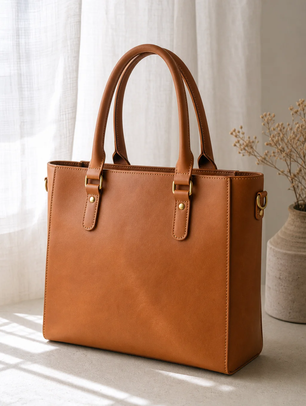 Handcrafted bespoke leather tote bag with solid brass hardware