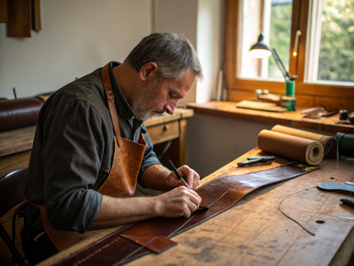 Artisan hand-stitching bespoke leather handbag in atelier workshop