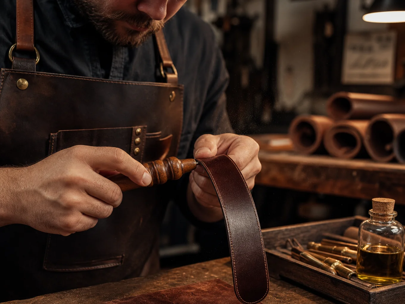 Artisan applying edge burnish to hand-cut leather handbag panel
