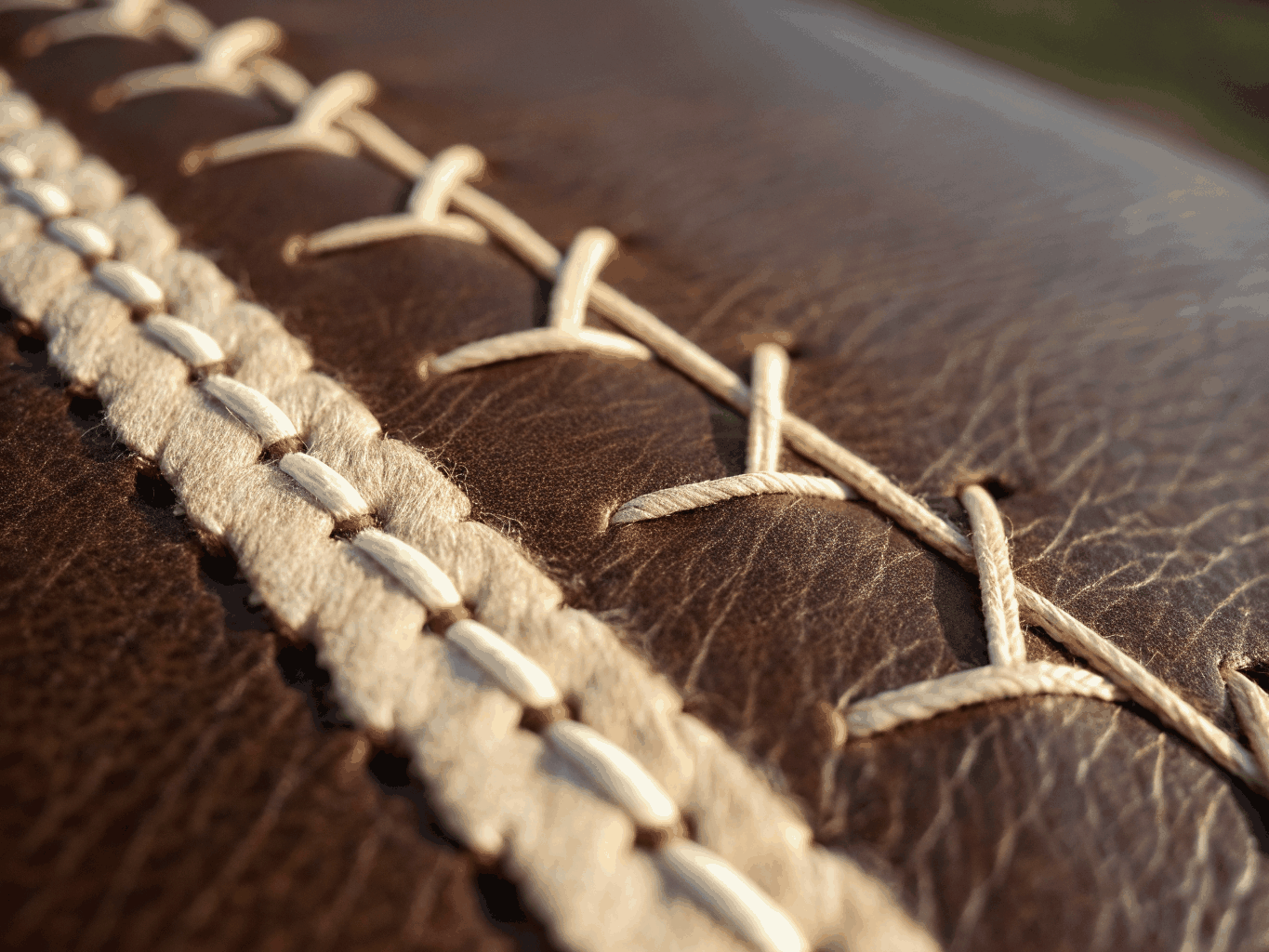 Macro detail of twin-needle saddle stitching in warm morning light